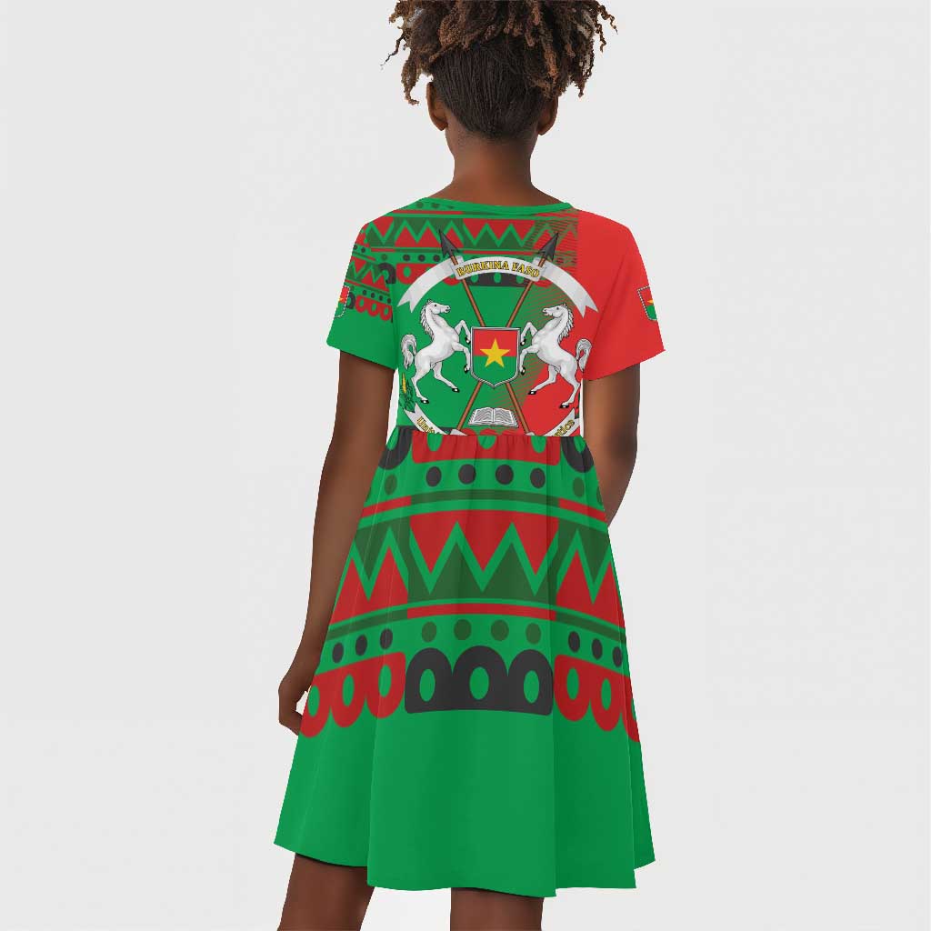 Burkina Faso Kid Short Sleeve Dress Tribal Design and Bobo Dioulasso Landmark - African Pride