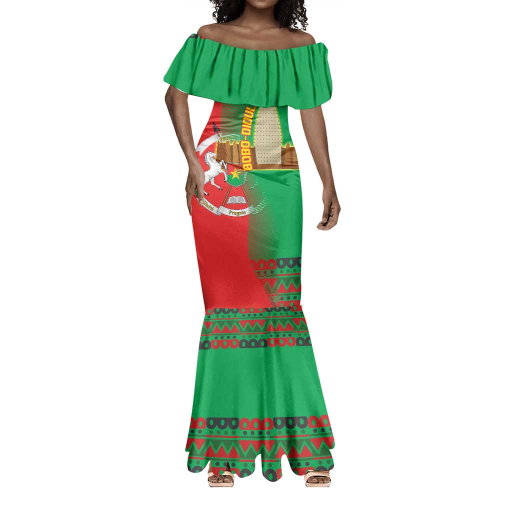 Burkina Faso Mermaid Dress Tribal Design and Bobo Dioulasso Landmark - African Pride