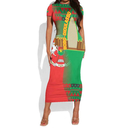 Burkina Faso Short Sleeve Bodycon Dress Tribal Design and Bobo Dioulasso Landmark - African Pride