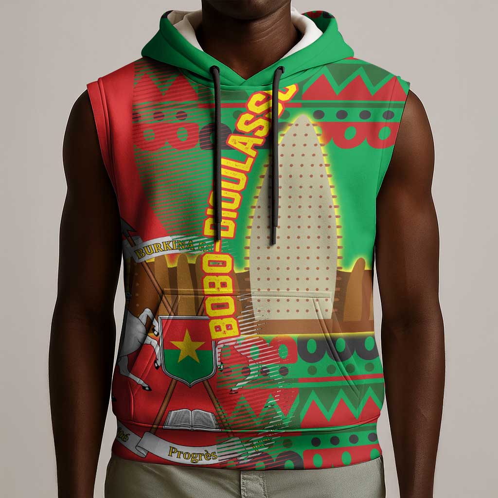 Burkina Faso Sleeveless Hoodie Tribal Design and Bobo Dioulasso Landmark - African Pride