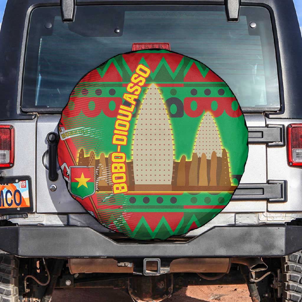 Burkina Faso Spare Tire Cover Tribal Design and Bobo Dioulasso Landmark - African Pride