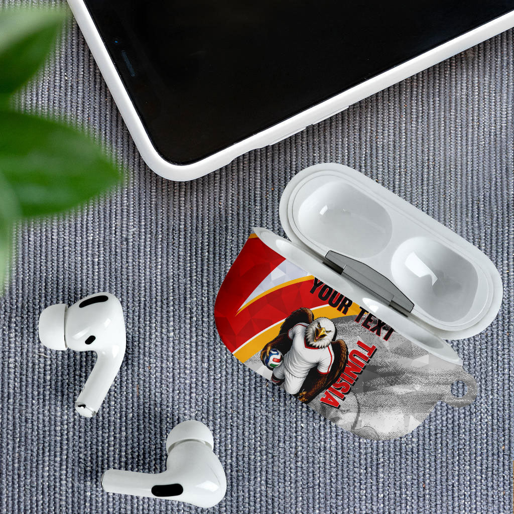 Personalized Tunisia Soccer Carthage Eagles Mascot AirPods Case Red And White Abstract Geometric Football Concept