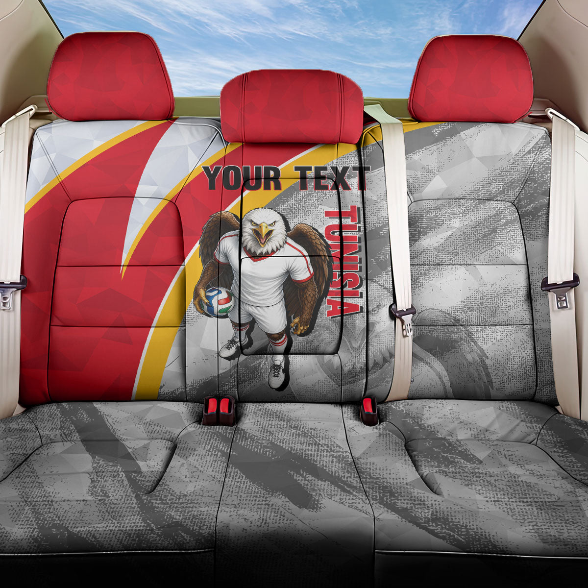 Personalized Tunisia Soccer Carthage Eagles Mascot Back Car Seat Cover Red And White Abstract Geometric Football Concept