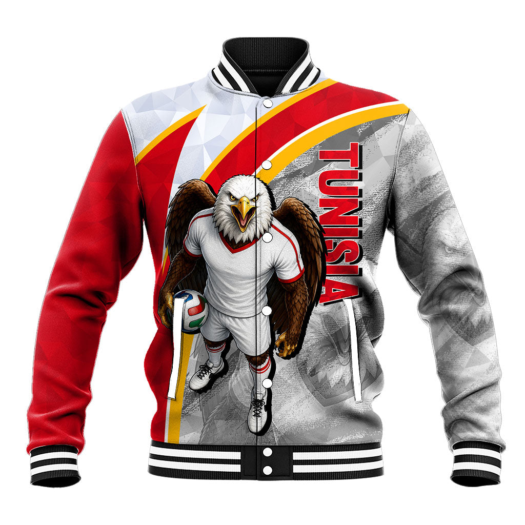 Personalized Tunisia Soccer Carthage Eagles Mascot Baseball Jacket Red And White Abstract Geometric Football Concept