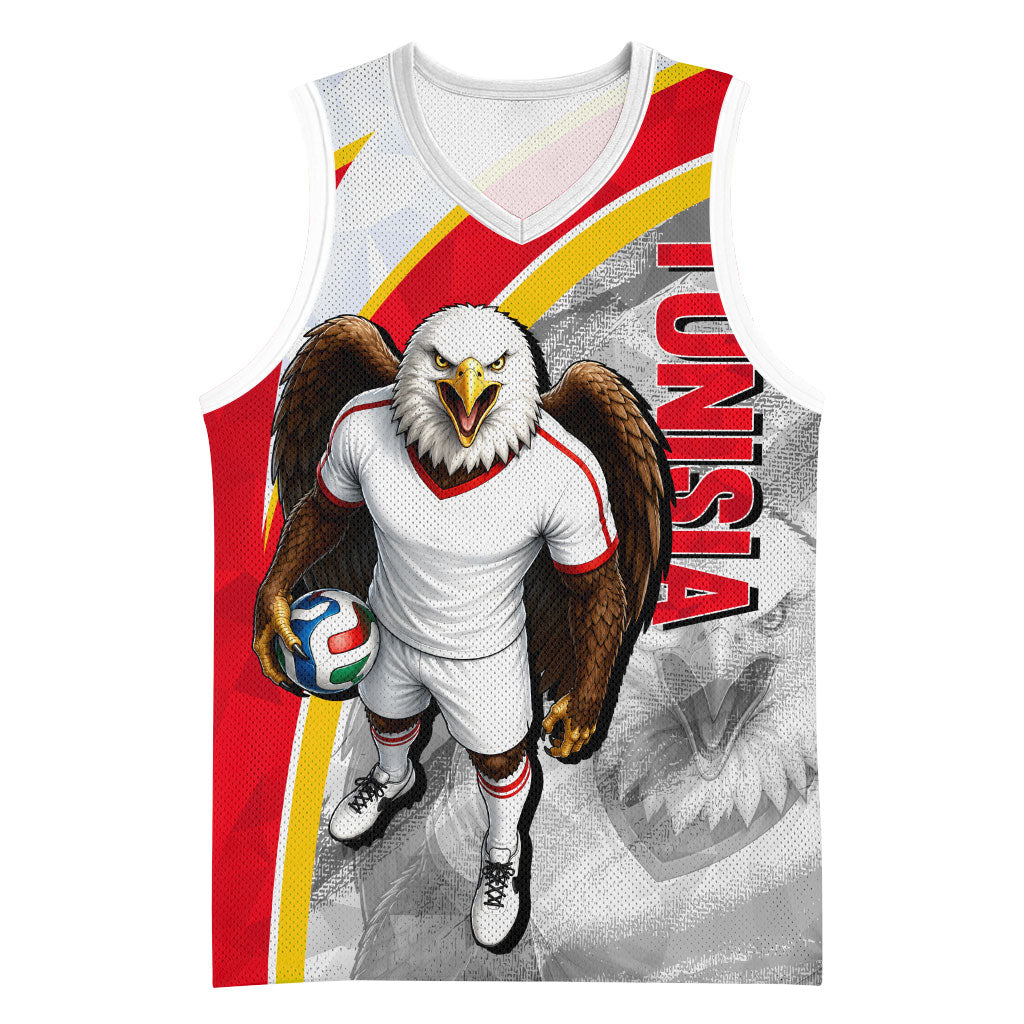 Personalized Tunisia Soccer Carthage Eagles Mascot Basketball Jersey Red And White Abstract Geometric Football Concept