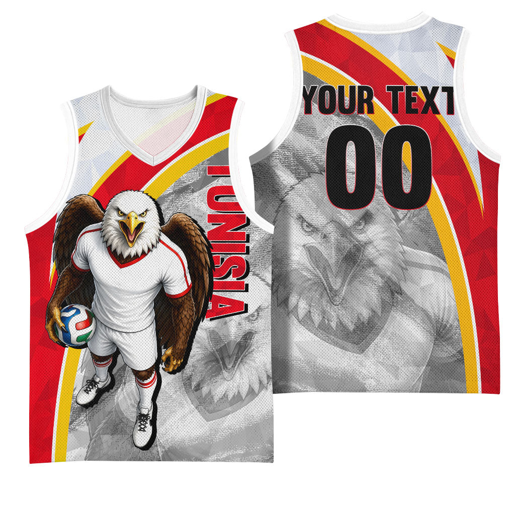 Personalized Tunisia Soccer Carthage Eagles Mascot Basketball Jersey Red And White Abstract Geometric Football Concept