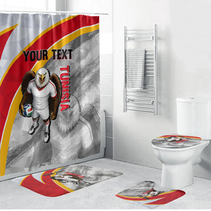 Personalized Tunisia Soccer Carthage Eagles Mascot Bathroom Set Red And White Abstract Geometric Football Concept