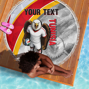 Personalized Tunisia Soccer Carthage Eagles Mascot Beach Blanket Red And White Abstract Geometric Football Concept