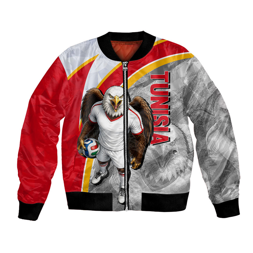 Personalized Tunisia Soccer Carthage Eagles Mascot Bomber Jacket Red And White Abstract Geometric Football Concept