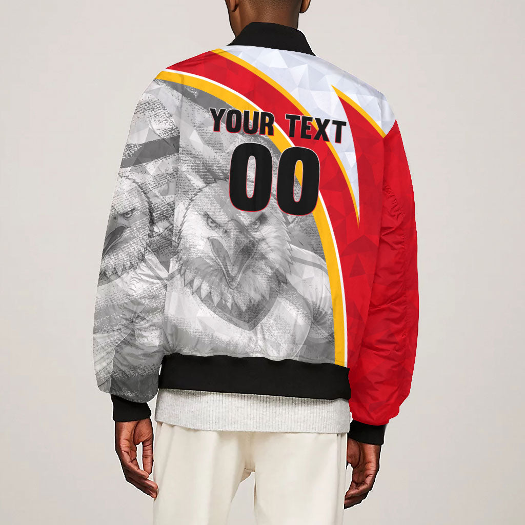 Personalized Tunisia Soccer Carthage Eagles Mascot Bomber Jacket Red And White Abstract Geometric Football Concept