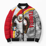 Personalized Tunisia Soccer Carthage Eagles Mascot Bomber Puffer Jacket Red And White Abstract Geometric Football Concept