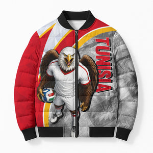 Personalized Tunisia Soccer Carthage Eagles Mascot Bomber Puffer Jacket Red And White Abstract Geometric Football Concept