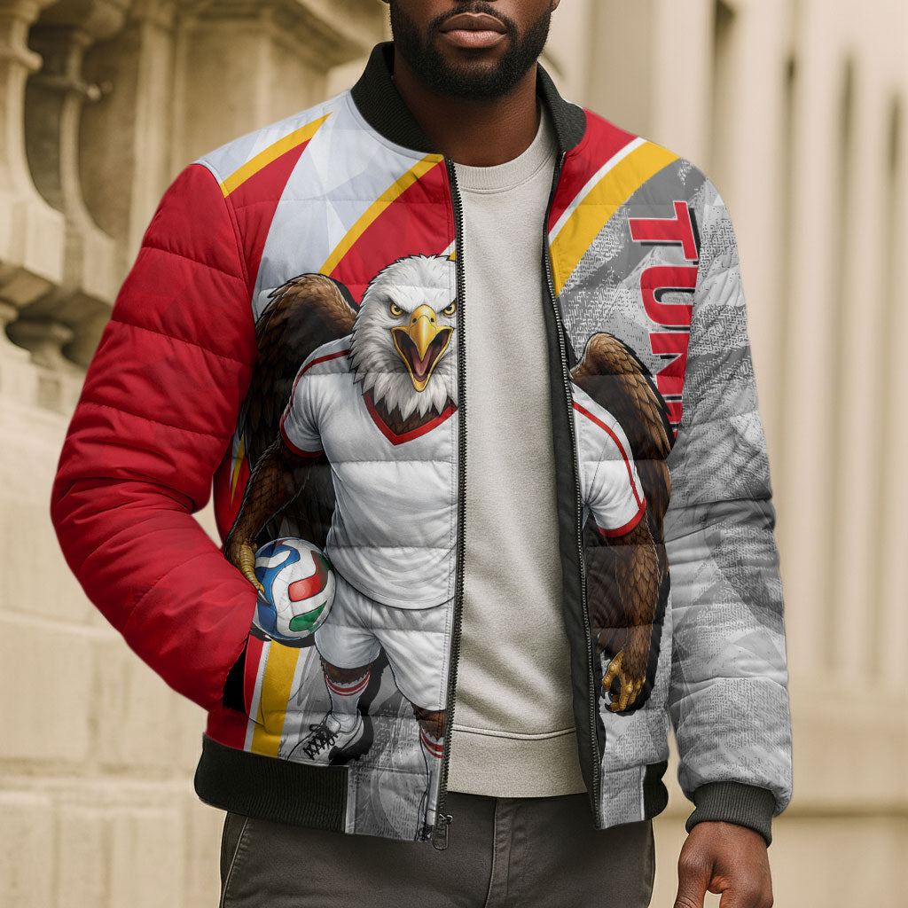 Personalized Tunisia Soccer Carthage Eagles Mascot Bomber Puffer Jacket Red And White Abstract Geometric Football Concept