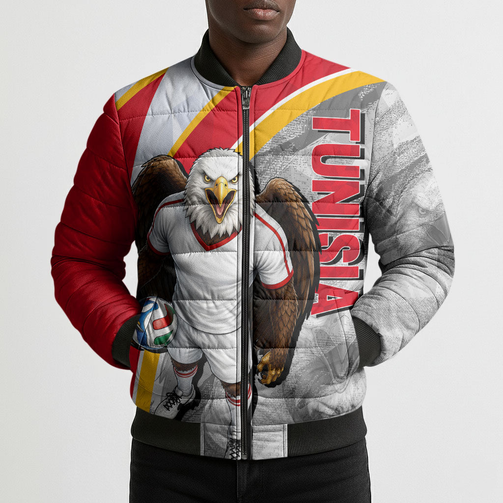 Personalized Tunisia Soccer Carthage Eagles Mascot Bomber Puffer Jacket Red And White Abstract Geometric Football Concept