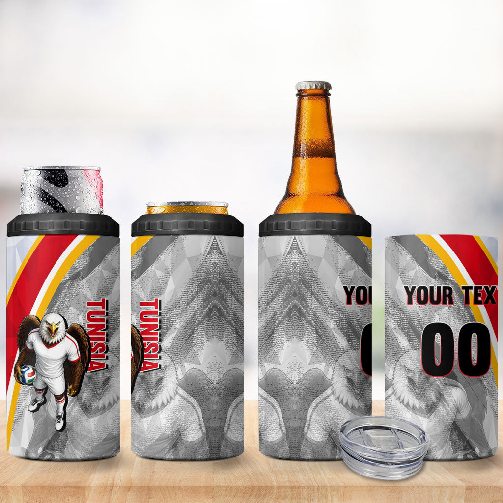 Personalized Tunisia Soccer Carthage Eagles Mascot 4 in 1 Can Cooler Tumbler Red And White Abstract Geometric Football Concept