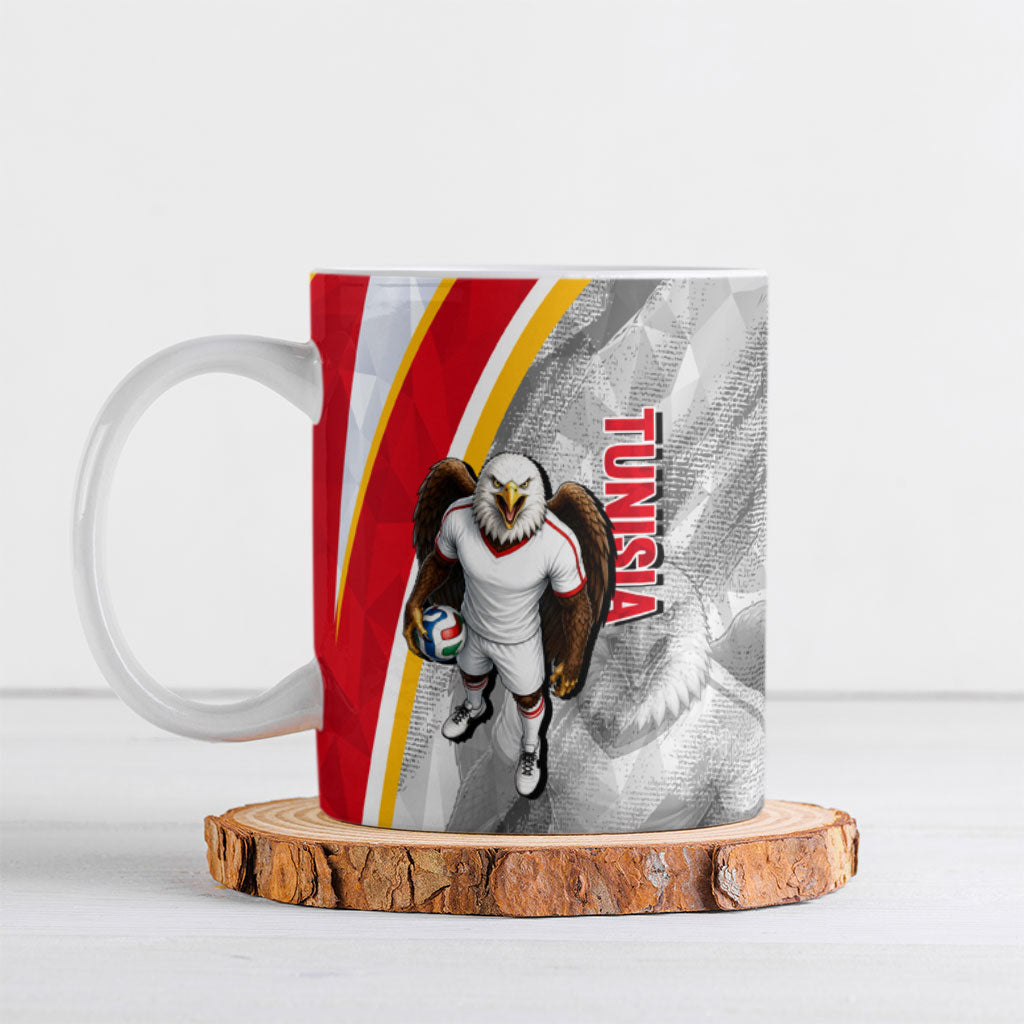 Personalized Tunisia Soccer Carthage Eagles Mascot Ceramic Mug Red And White Abstract Geometric Football Concept