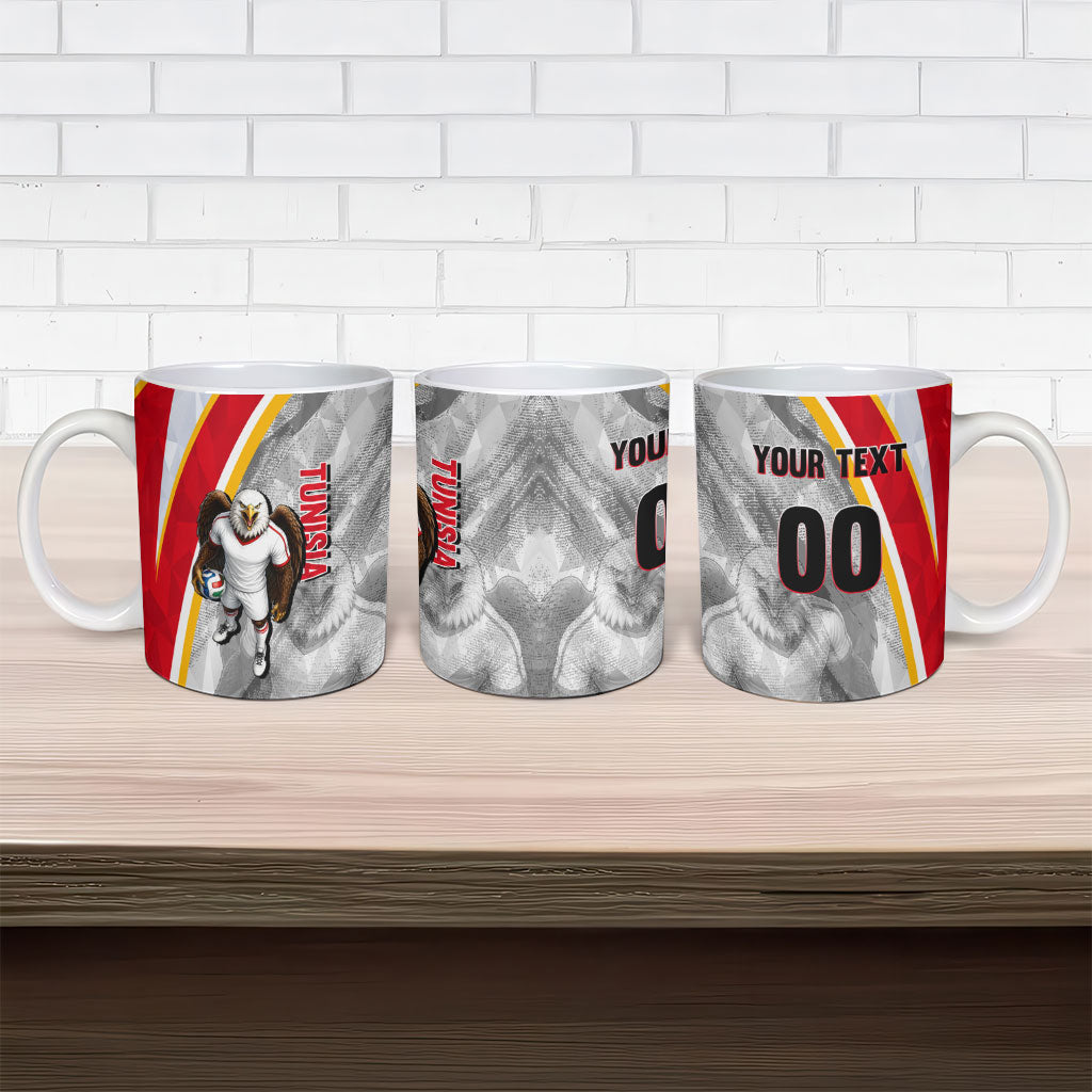 Personalized Tunisia Soccer Carthage Eagles Mascot Ceramic Mug Red And White Abstract Geometric Football Concept