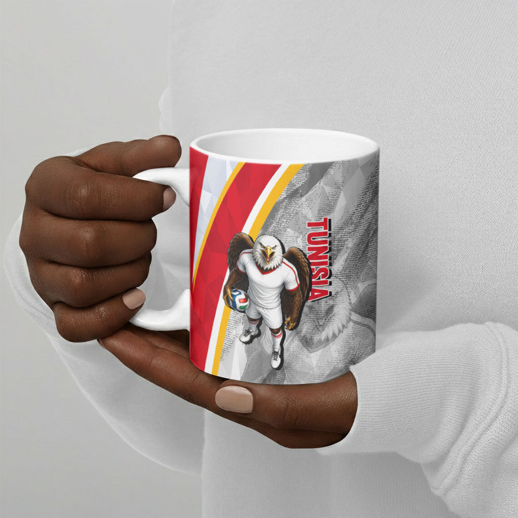 Personalized Tunisia Soccer Carthage Eagles Mascot Ceramic Mug Red And White Abstract Geometric Football Concept