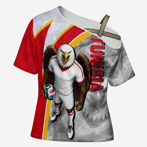 Personalized Tunisia Soccer Carthage Eagles Mascot Cross Shoulder Shirt Red And White Abstract Geometric Football Concept