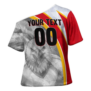 Personalized Tunisia Soccer Carthage Eagles Mascot Cross Shoulder Shirt Red And White Abstract Geometric Football Concept