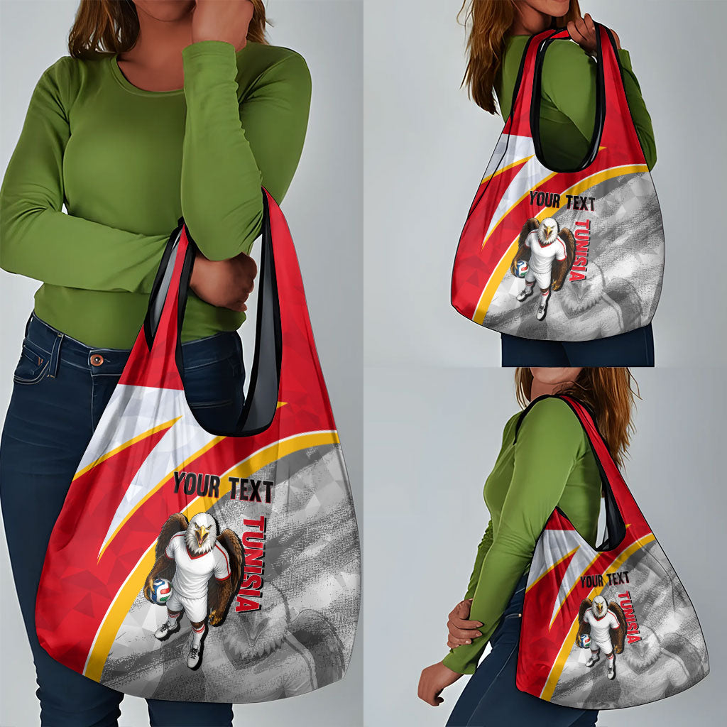 Personalized Tunisia Soccer Carthage Eagles Mascot Grocery Bag Red And White Abstract Geometric Football Concept