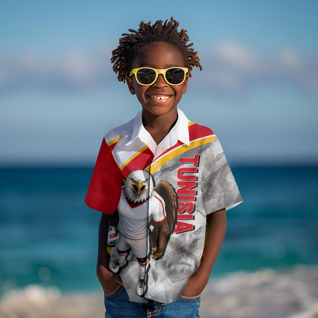 Personalized Tunisia Soccer Carthage Eagles Mascot Kid Hawaiian Shirt Red And White Abstract Geometric Football Concept