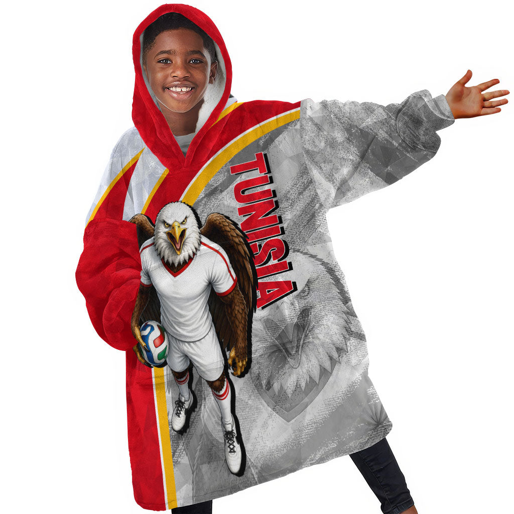 Personalized Tunisia Soccer Carthage Eagles Mascot Kid Wearable Blanket Hoodie Red And White Abstract Geometric Football Concept