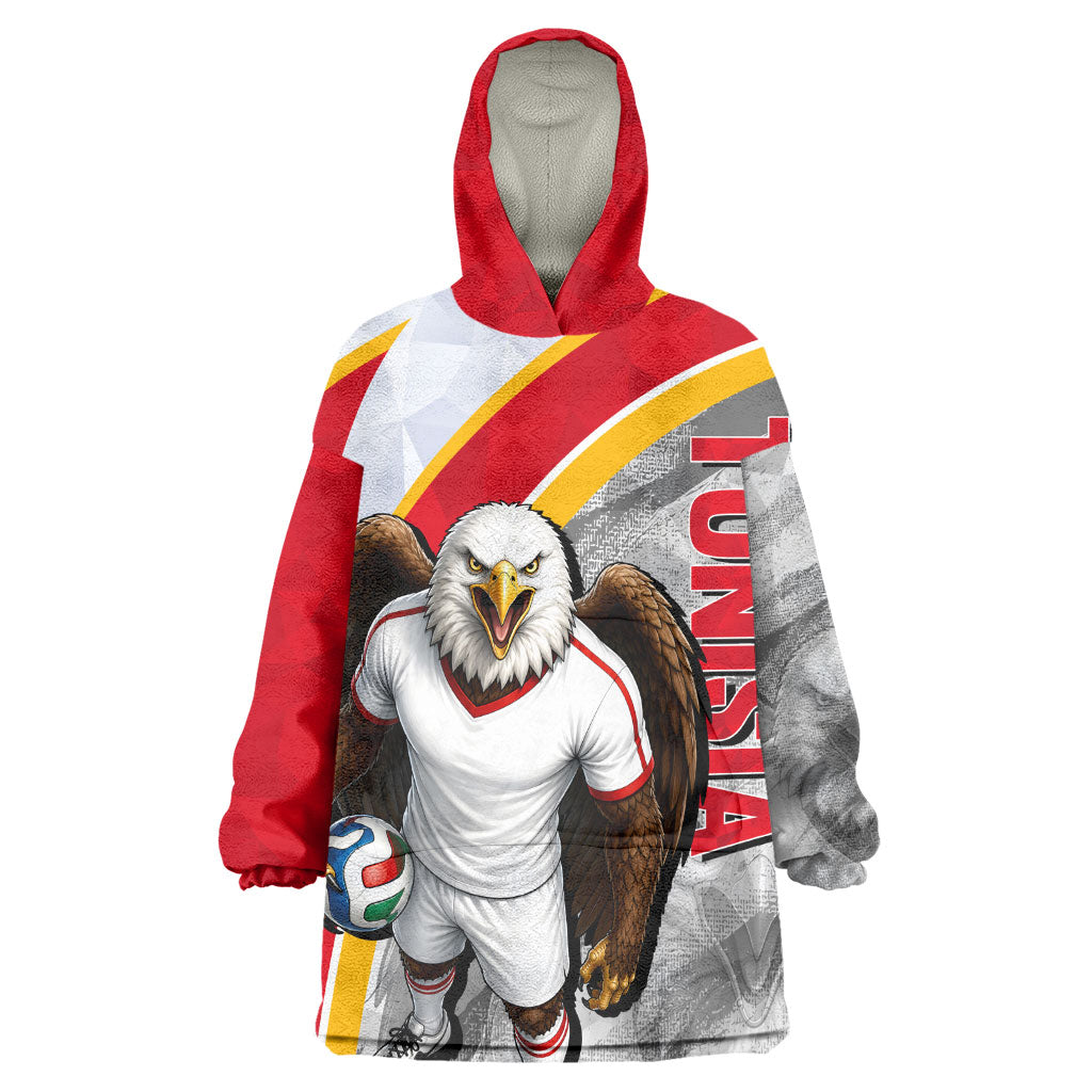 Personalized Tunisia Soccer Carthage Eagles Mascot Kid Wearable Blanket Hoodie Red And White Abstract Geometric Football Concept