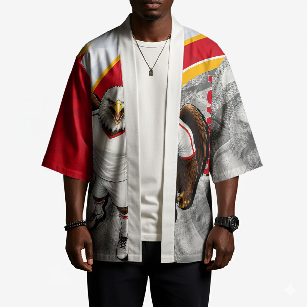 Personalized Tunisia Soccer Carthage Eagles Mascot Kimono Red And White Abstract Geometric Football Concept