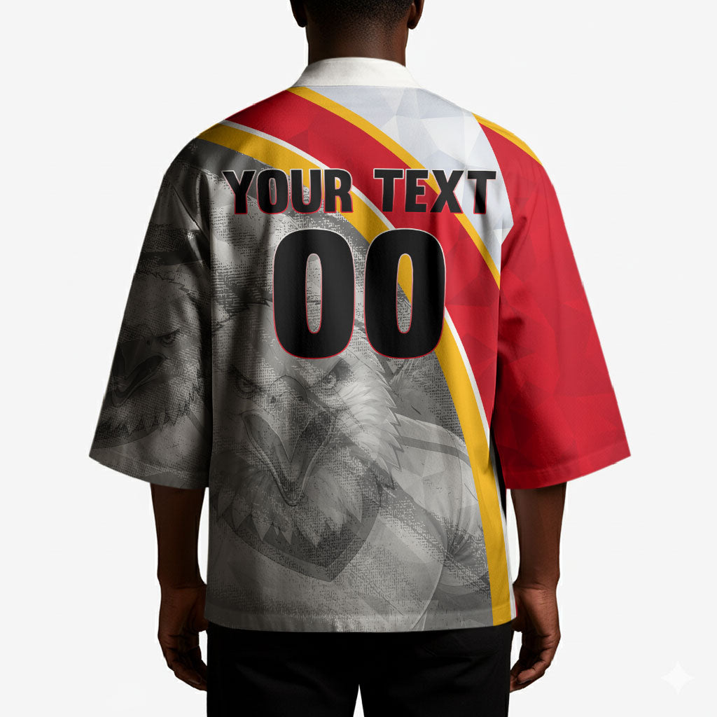 Personalized Tunisia Soccer Carthage Eagles Mascot Kimono Red And White Abstract Geometric Football Concept