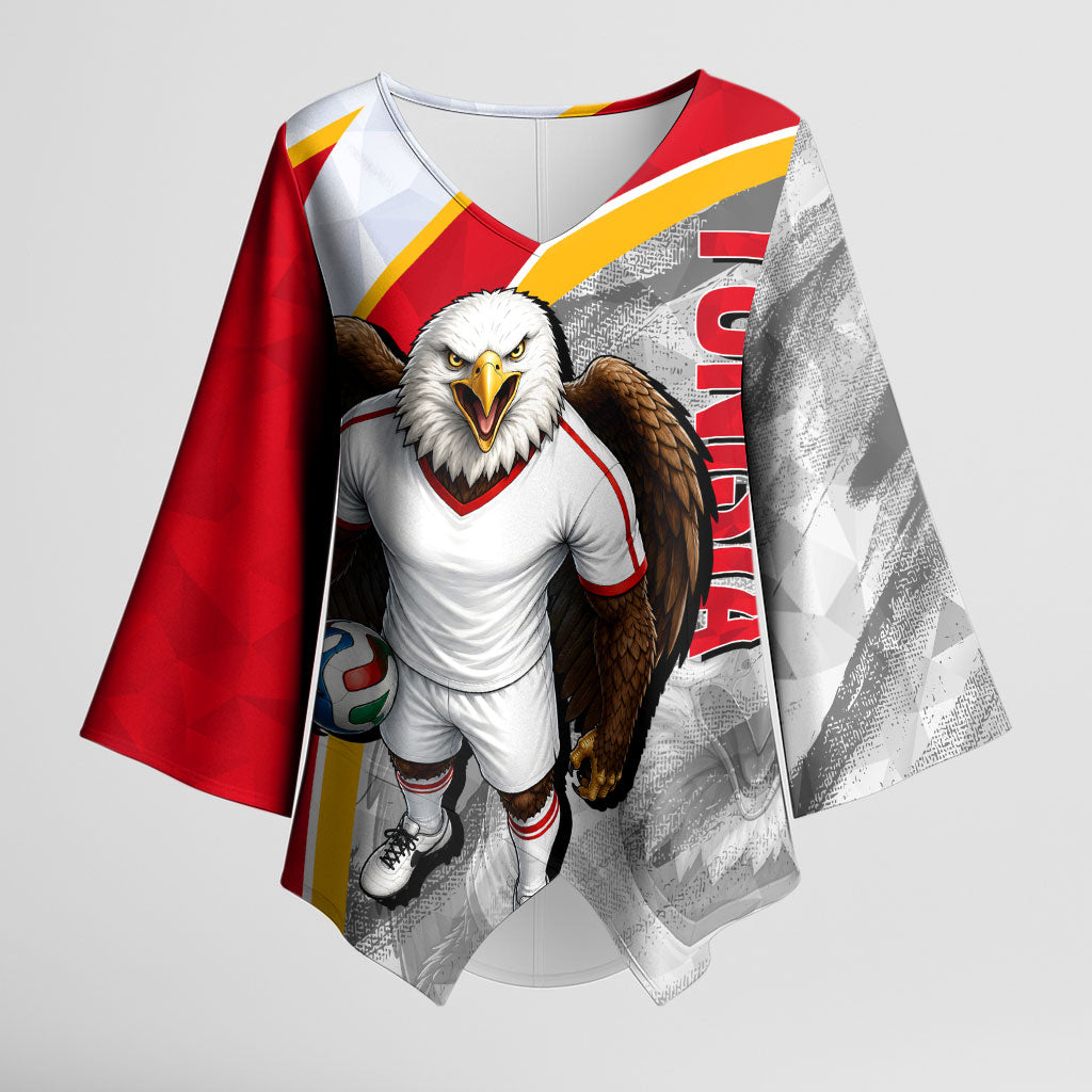 Personalized Tunisia Soccer Carthage Eagles Mascot Kimono Sleeve Blouse Red And White Abstract Geometric Football Concept