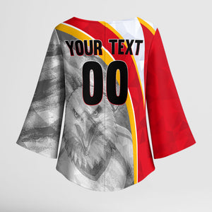Personalized Tunisia Soccer Carthage Eagles Mascot Kimono Sleeve Blouse Red And White Abstract Geometric Football Concept