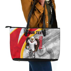 Personalized Tunisia Soccer Carthage Eagles Mascot Leather Tote Bag Red And White Abstract Geometric Football Concept
