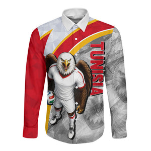 Personalized Tunisia Soccer Carthage Eagles Mascot Long Sleeve Button Shirt Red And White Abstract Geometric Football Concept