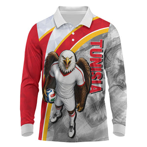 Personalized Tunisia Soccer Carthage Eagles Mascot Long Sleeve Polo Shirt Red And White Abstract Geometric Football Concept
