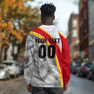 Personalized Tunisia Soccer Carthage Eagles Mascot Long Sleeve Shirt Red And White Abstract Geometric Football Concept