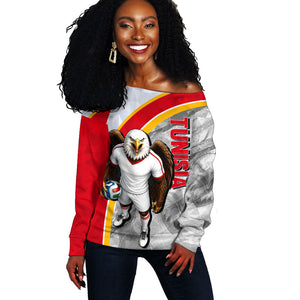 Personalized Tunisia Soccer Carthage Eagles Mascot Off Shoulder Sweater Red And White Abstract Geometric Football Concept