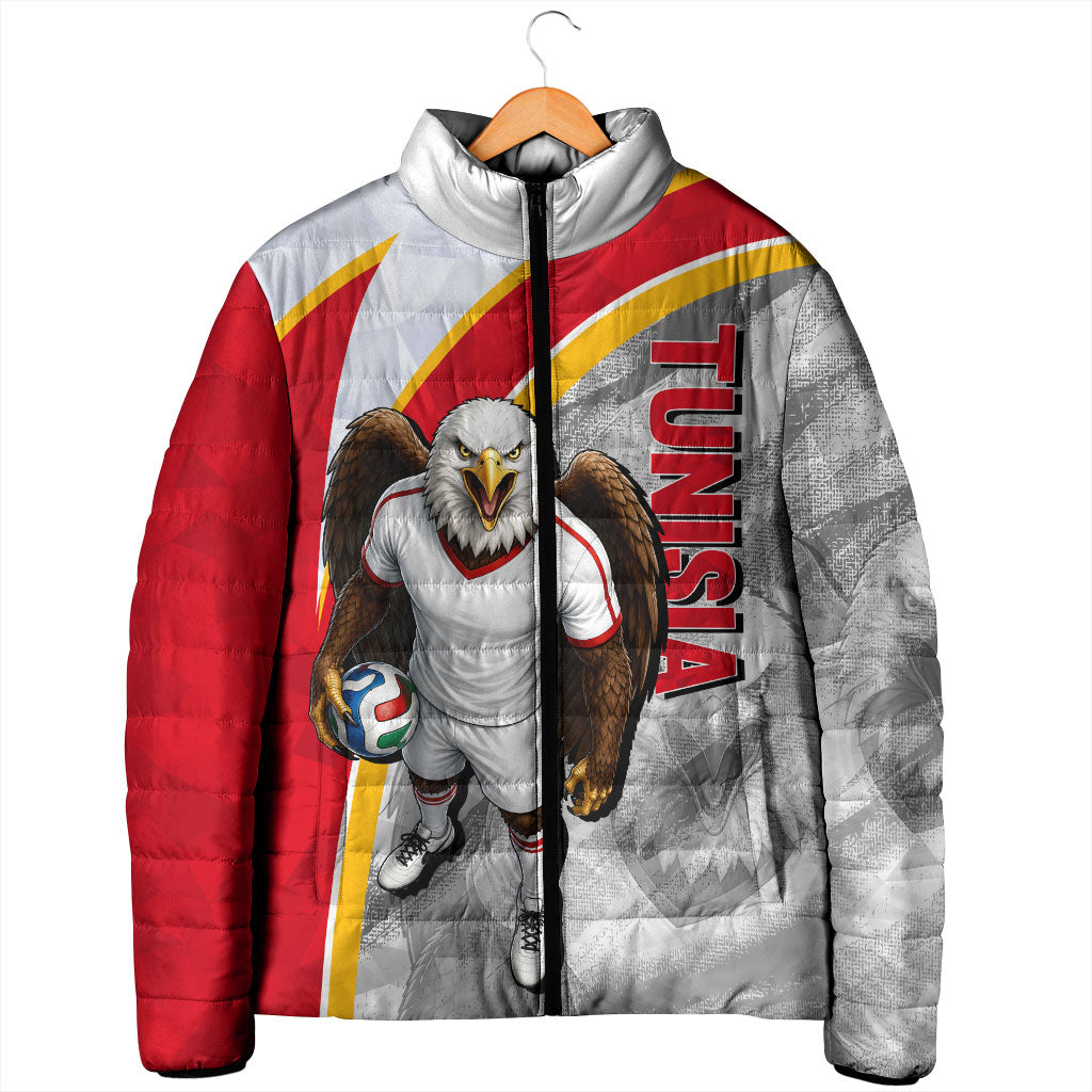 Personalized Tunisia Soccer Carthage Eagles Mascot Padded Jacket Red And White Abstract Geometric Football Concept