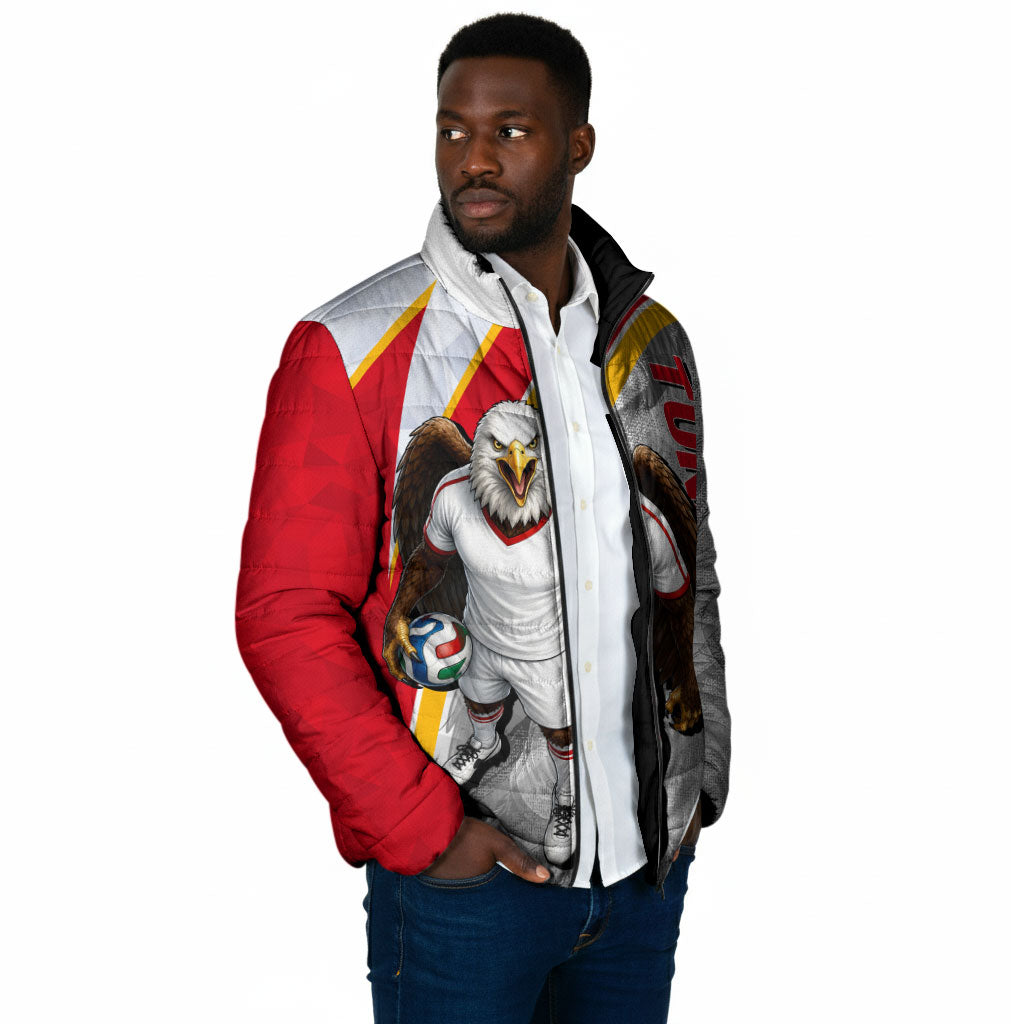 Personalized Tunisia Soccer Carthage Eagles Mascot Padded Jacket Red And White Abstract Geometric Football Concept