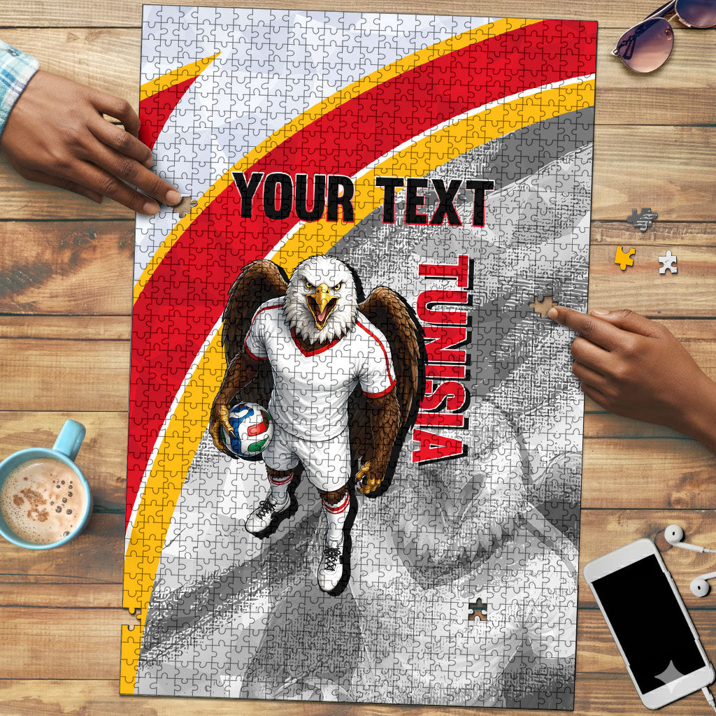 Personalized Tunisia Soccer Carthage Eagles Mascot Puzzle Red And White Abstract Geometric Football Concept