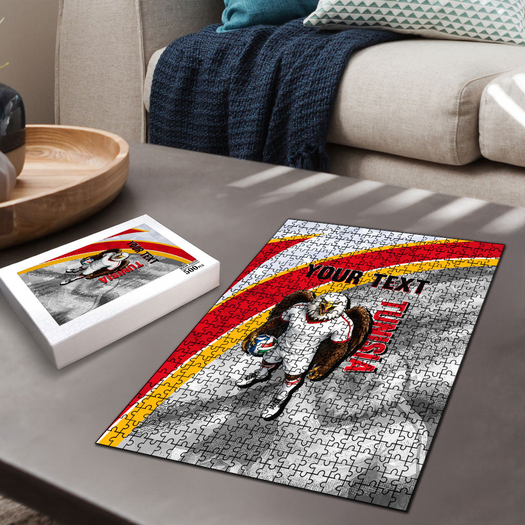 Personalized Tunisia Soccer Carthage Eagles Mascot Puzzle Red And White Abstract Geometric Football Concept