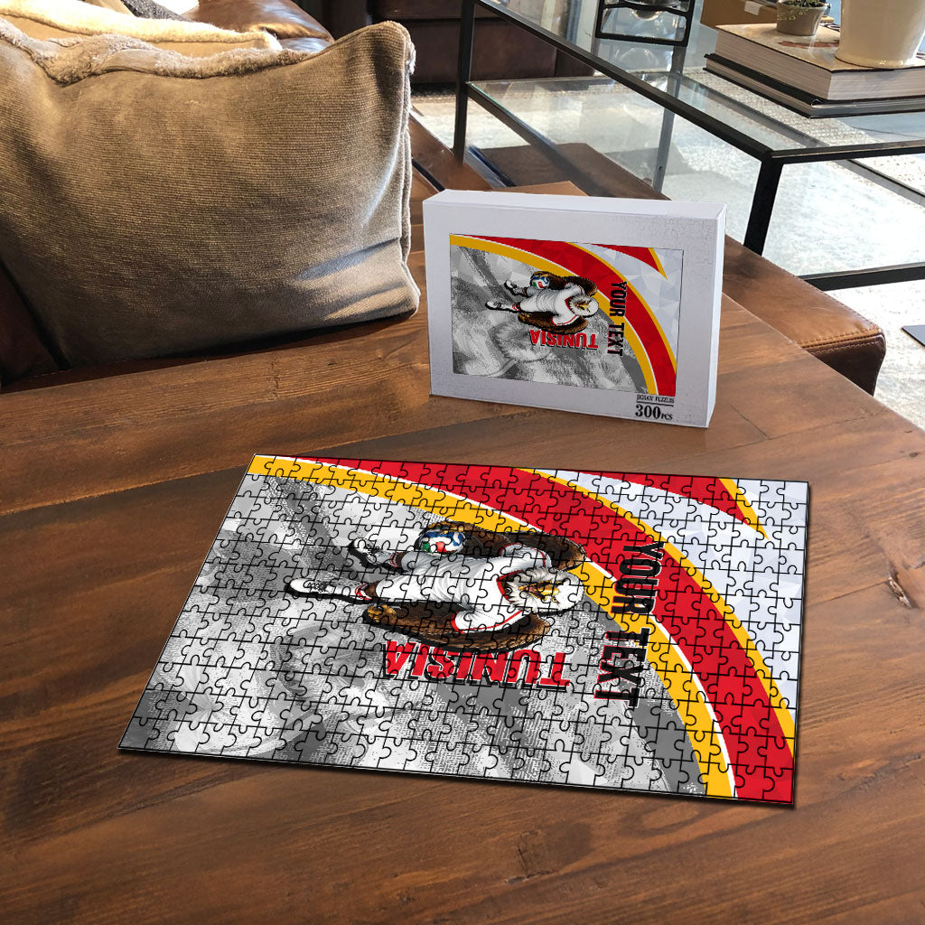 Personalized Tunisia Soccer Carthage Eagles Mascot Puzzle Red And White Abstract Geometric Football Concept