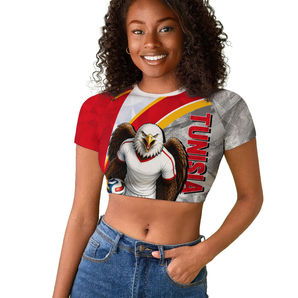 Personalized Tunisia Soccer Carthage Eagles Mascot Raglan Cropped T shirt Red And White Abstract Geometric Football Concept