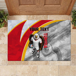 Personalized Tunisia Soccer Carthage Eagles Mascot Rubber Doormat Red And White Abstract Geometric Football Concept