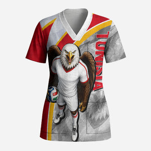 Personalized Tunisia Soccer Carthage Eagles Mascot Scrub Top Red And White Abstract Geometric Football Concept