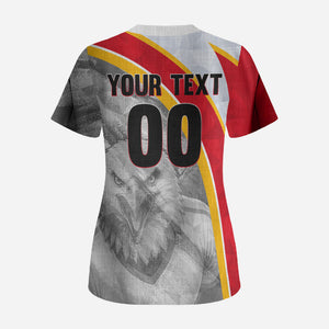 Personalized Tunisia Soccer Carthage Eagles Mascot Scrub Top Red And White Abstract Geometric Football Concept