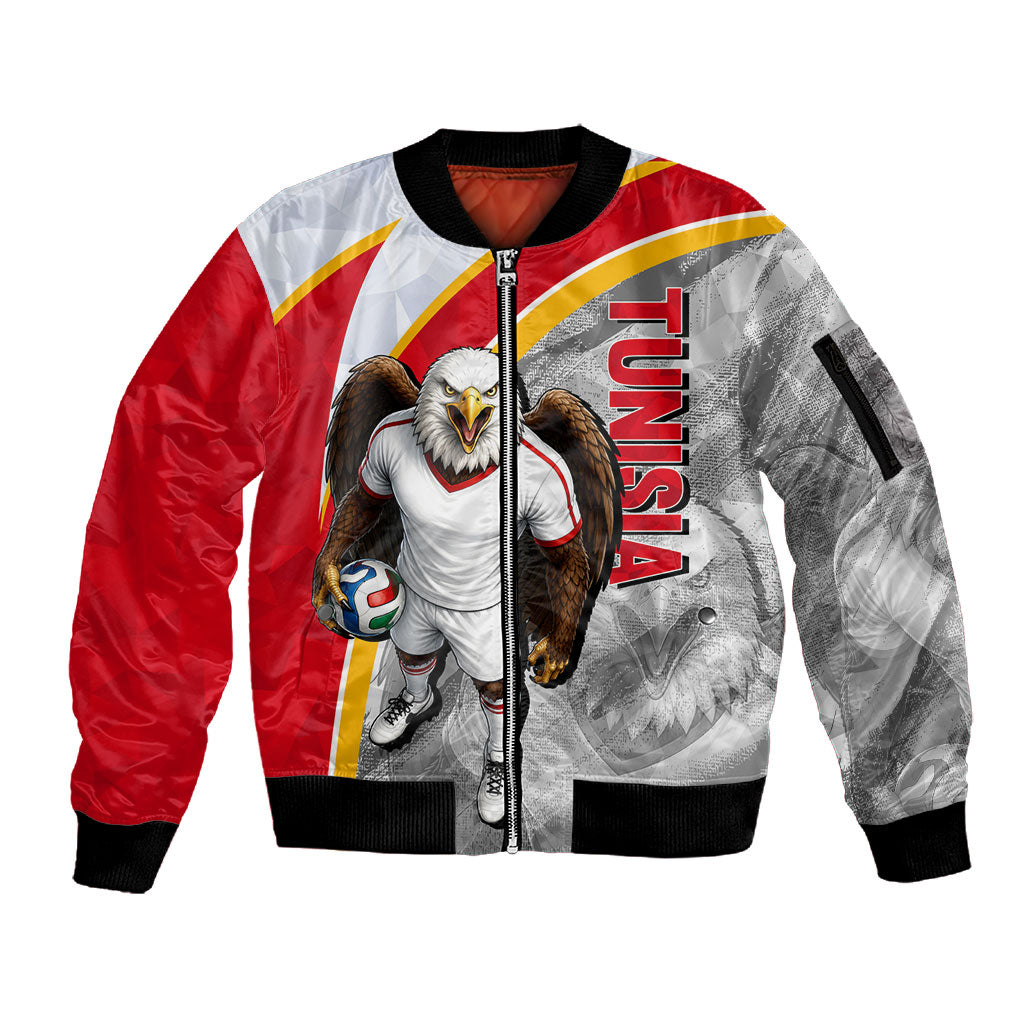 Personalized Tunisia Soccer Carthage Eagles Mascot Sleeve Zip Bomber Jacket Red And White Abstract Geometric Football Concept