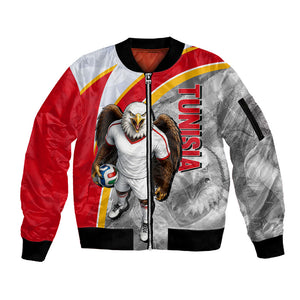 Personalized Tunisia Soccer Carthage Eagles Mascot Sleeve Zip Bomber Jacket Red And White Abstract Geometric Football Concept