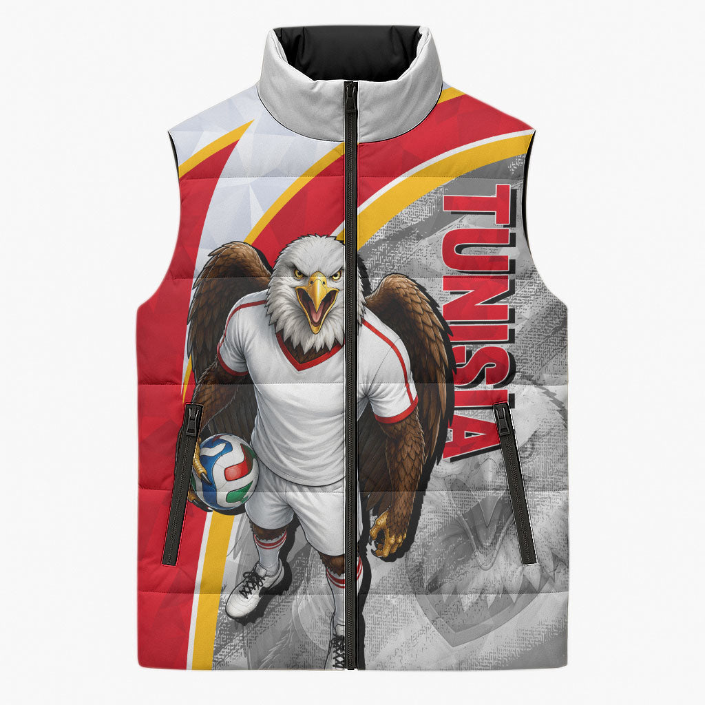 Personalized Tunisia Soccer Carthage Eagles Mascot Sleeveless Puffer Jacket Red And White Abstract Geometric Football Concept