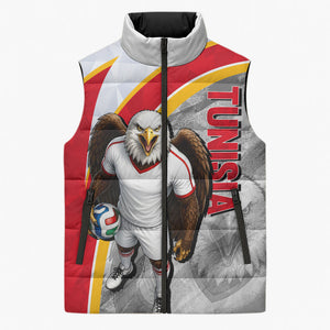 Personalized Tunisia Soccer Carthage Eagles Mascot Sleeveless Puffer Jacket Red And White Abstract Geometric Football Concept